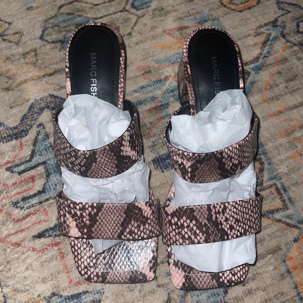 Marc Fisher Women's Yori Dress Sandals Women's Shoes pink black snake print 6.5